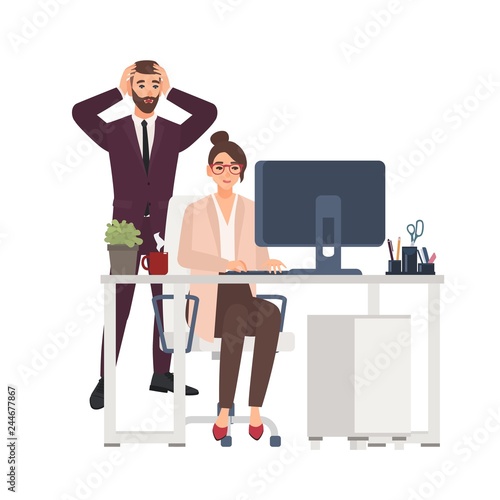 Smiling female manager working on computer at office, horrified male boss standing beside. Unprofessional or bad worker ruined business project. Funny flat cartoon characters. Vector illustration.