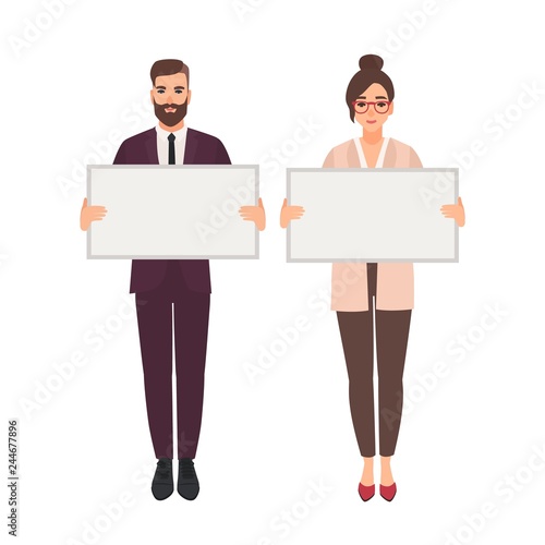 Male and female managers, clerks or office workers holding clean white boards...