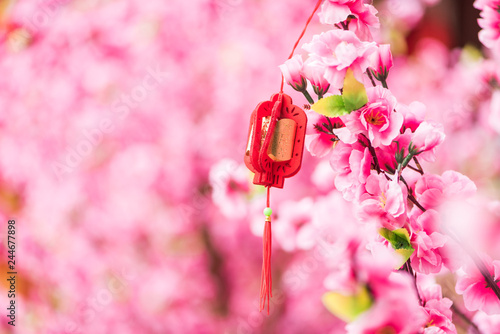 beautiful lifelike ornamental fake peach flowers and traditional red Chinese lantern shape ornament  (Chinese New Year or Spring Festival concept). ( Chinese meaning: 