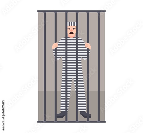 Prisoner wearing striped uniform in jail or prison cell. Detainee locked up in room with metal grid. Arrested man. Imprisonment or confinement. Colorful vector illustration in flat cartoon style.