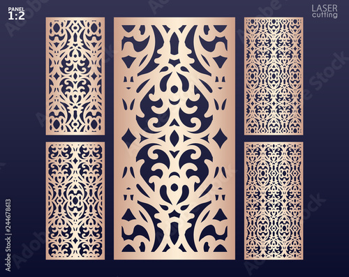 Laser cut ornamental panels set with pattern, template for cutting. Ratio 1:2. Wedding invitation or greeting card template. Cabinet fretwork screen. Metal design, wood carving.
