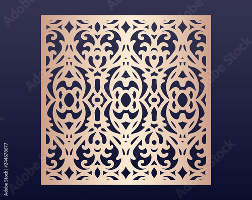 Laser cut square ornamental panel with pattern, template for cutting. Wedding invitation or greeting card template. Cabinet fretwork screen. Metal design, wood carving.