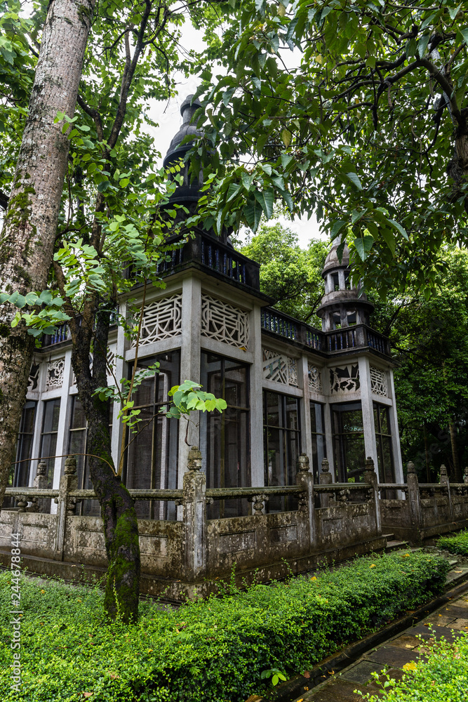 July 2017 – Kaiping, China - Birds nest in Li garden Kaiping Diaolou complex, near Guangzhou. Built by rich overseas Chinese, these family houses are a unique mix of Chinese and western architecture
