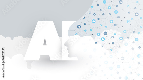Modern Style Cloud Computing, Global AI, Virtual Assistance, Automated Support, Digital Aid, Deep Learning and Future Technology Concept Design with Icons, Clouds and Human Head - Vector Illustration 