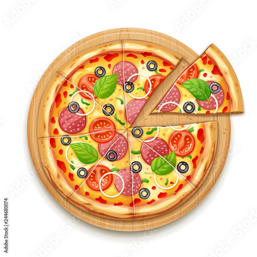 Fresh pizza with tomato, cheese, olive, sausage, onion, basil.