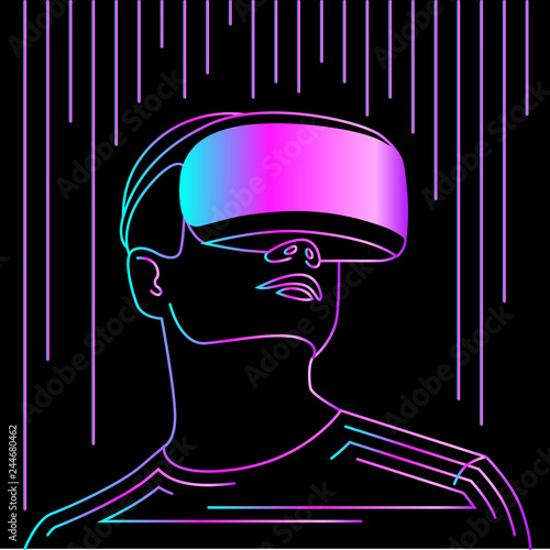 Excited man wearing vr helmet for space simulation and digital gaming.