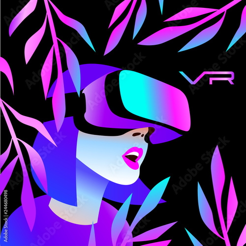 Excited woman wearing vr helmet for space simulation and digital gaming into her head.