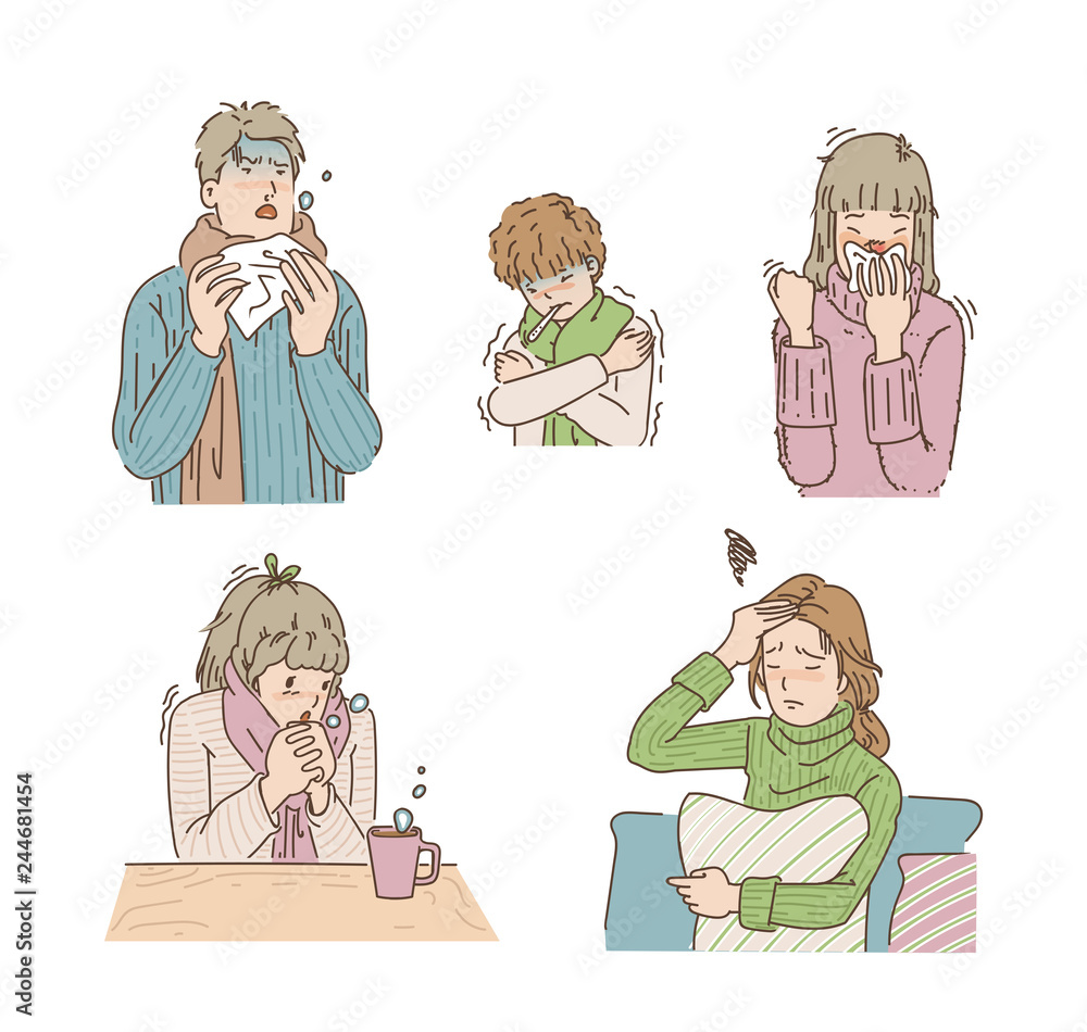 colds People who are sick in the winter. Men coughing and sneezing