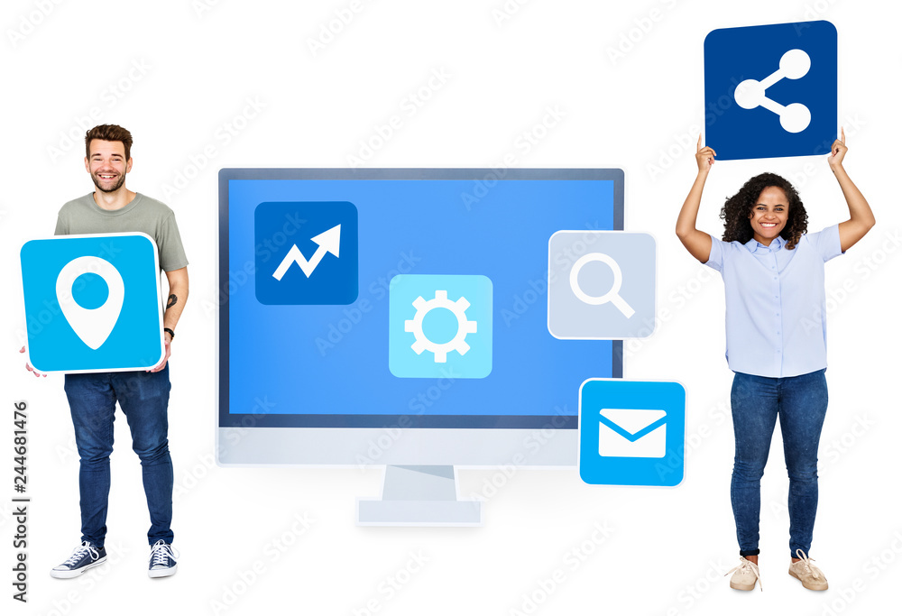 People with digital technology icons People with digital technology icons