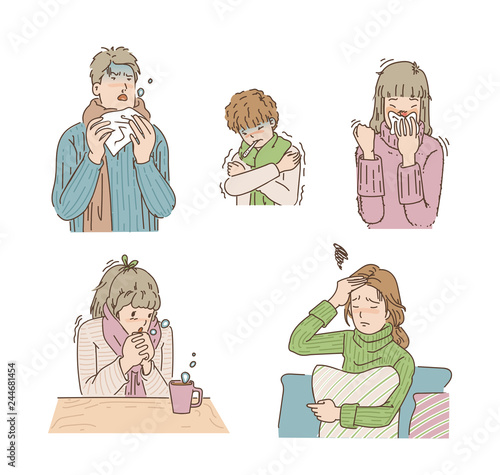colds People who are sick in the winter. Men coughing and sneezing, boys chilling, women headache because of the flu, young girls blow the nose. hand drawn vector design illustrations.
