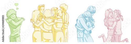 hug Different gestures embraced. Couples, friends, team and myself. Diversity of people. Cartoon vector illustration isolated on a white background. Simple hand-drawn style.