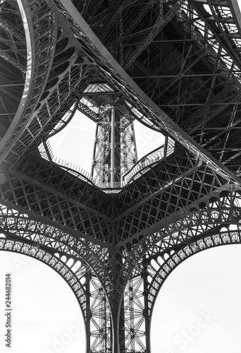 An abstract view of details of Eiffel Tower in black and white, Paris, France