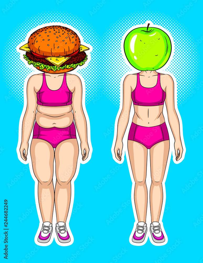 Color vector modern collage with elements of pop art style. Burger against  green apple. Conceptual bright poster about losing weight. A woman's  transformation from fat to slim. Food and weight loss Stock