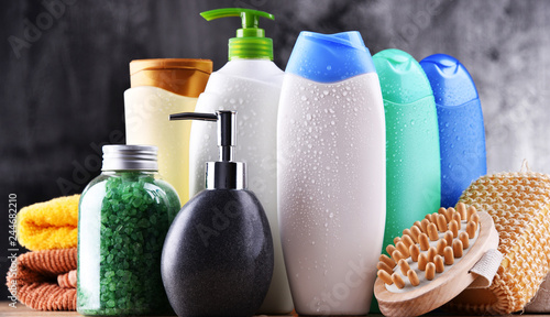 Plastic bottles of body care and beauty products