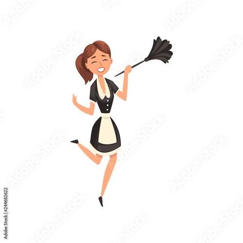 Smiling maid with duster, housemaid character wearing classic uniform with black dress and white apron, cleaning service vector Illustration