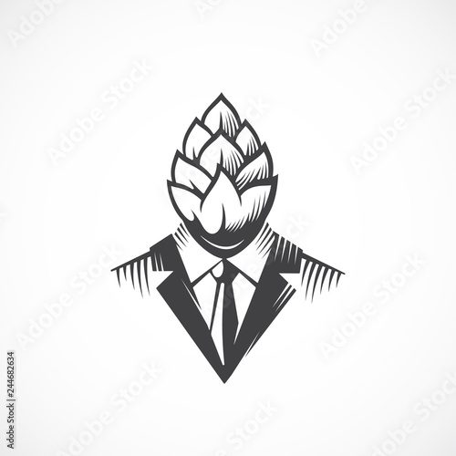 Premium Quality Beer Hops Label, Logo or Illustration. Man in a Suit and Tie with a Hop Face and Head. Creative Concept Emblem. Isolated