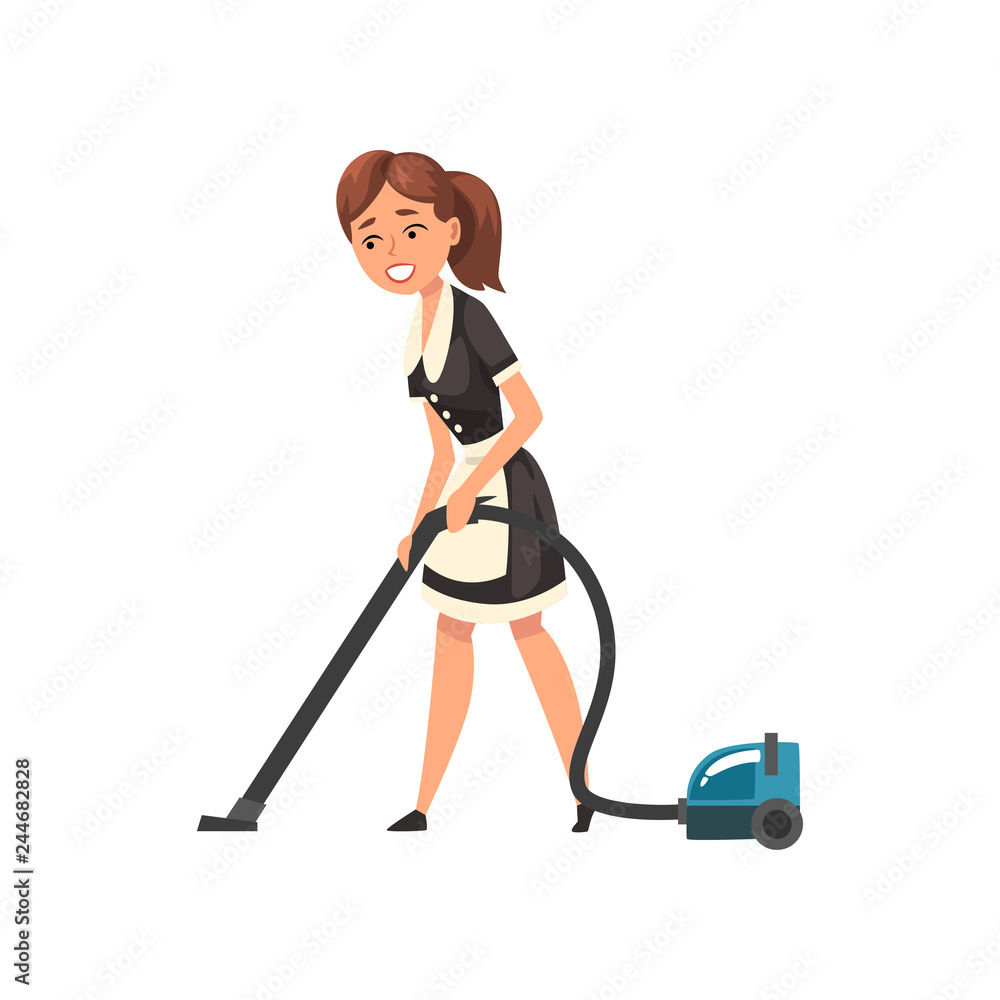 Smiling maid with vacuum cleaner, housemaid character wearing classic ...