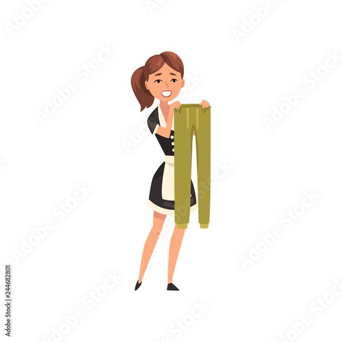 Smiling maid hanging wet breeches out to dry, housemaid character wearing classic uniform with black dress and white apron, cleaning service vector Illustration