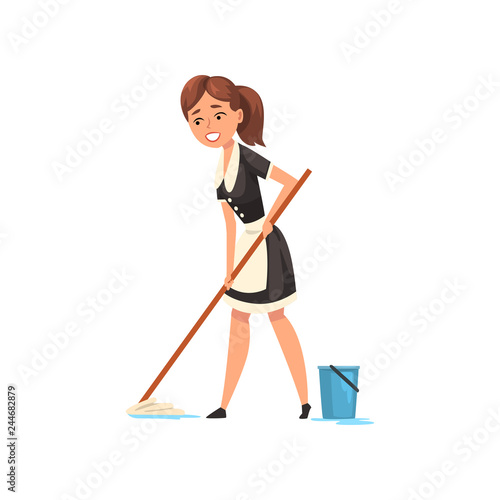 Smiling maid mopping the floor, housemaid character wearing classic uniform with black dress and white apron, cleaning service vector Illustration