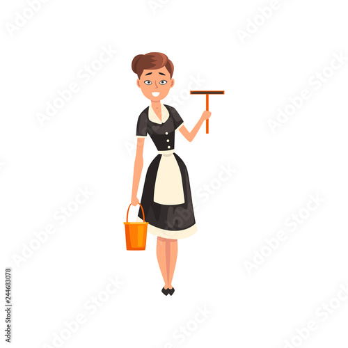 Smiling maid holding a squeegee and a bucket, housemaid character wearing classic uniform with black dress and white apron, cleaning service vector Illustration