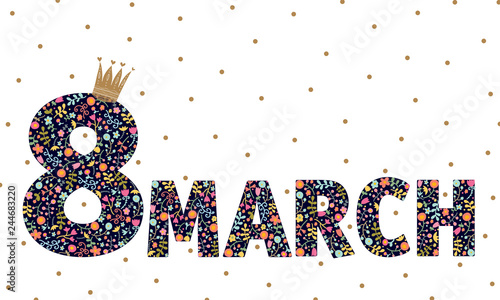 Cute banner for the International Women's Day. Flyer for March 8 with the decor of flowers and heart. Invitations with the number 8 and flowers.