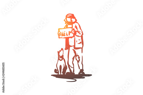 Beggar, dog, outdoor, poor, pet concept. Hand drawn isolated vector. © drawlab19