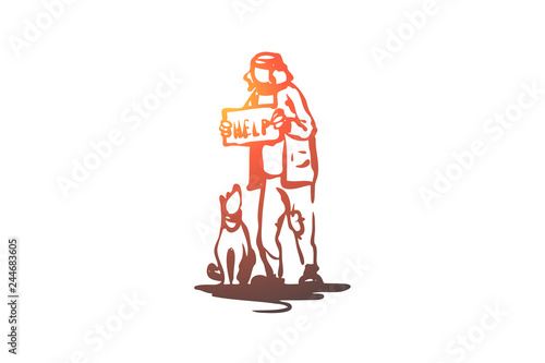 Beggar, dog, outdoor, poor, pet concept. Hand drawn isolated vector.