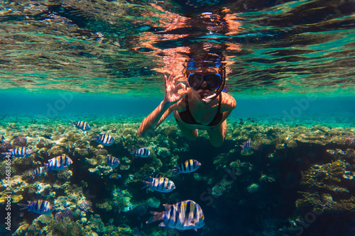 Young woman snorkeling making okay signs underwater near coral reef in blue sea. Underwater