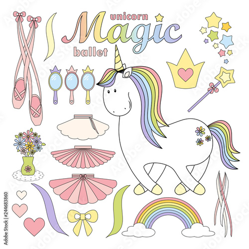 Set magic cute unicorn. Set of ballet  elements. Fashion stickers collection. Vector illustration.