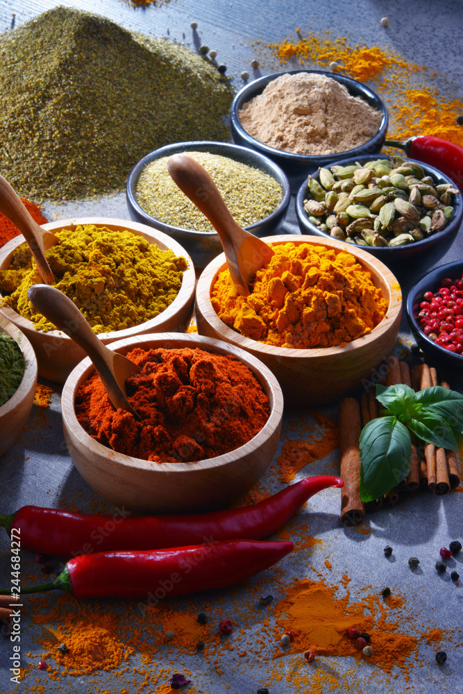 Variety of spices on kitchen table
