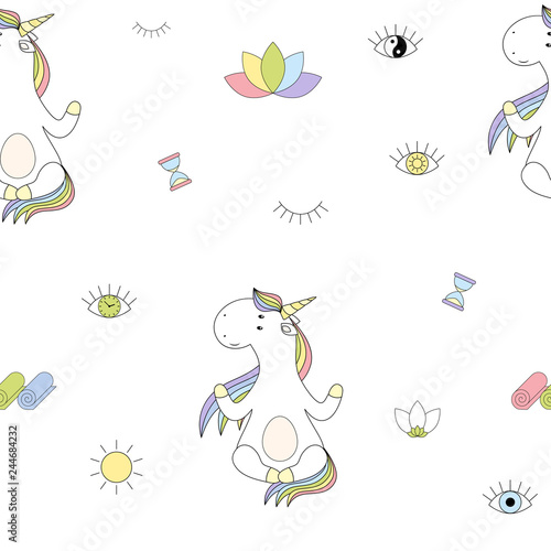 Magic cute unicorn yoga Seamless Vector Pattern. Vector background