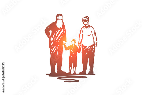 Old, couple, grandson, grandparents, love concept. Hand drawn isolated vector.