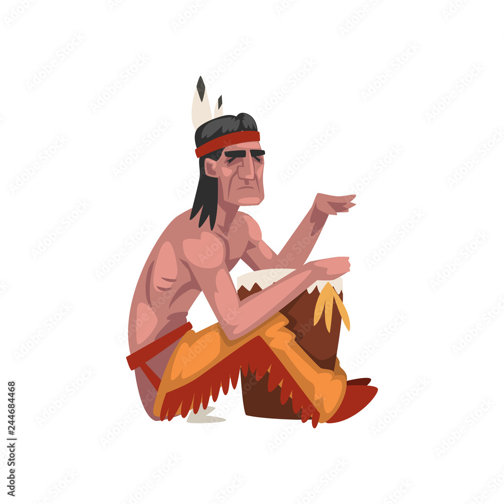 Φωτογραφία Native American Indian man, tribe member in traditional ethnic clothes and headb
