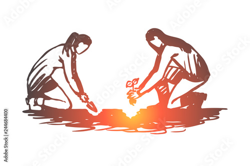 People, planting, flowers, gardening, nature concept. Hand drawn isolated vector.