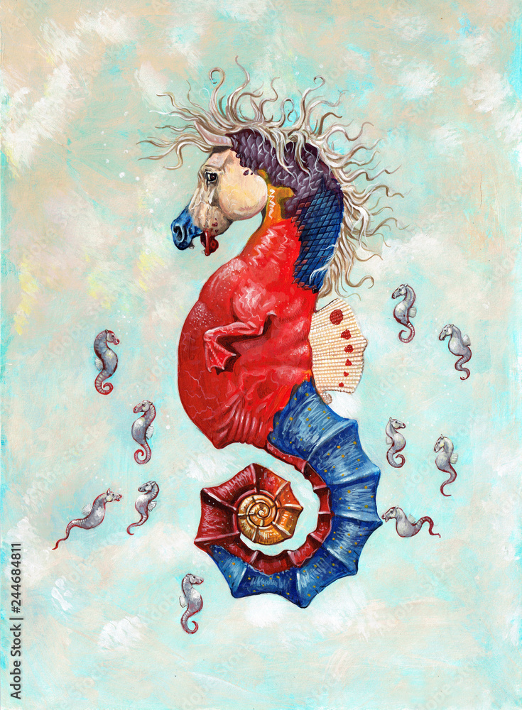 Fototapeta premium Seahorse illustration. Unusual animals. Acrylic painting. Sea horse.