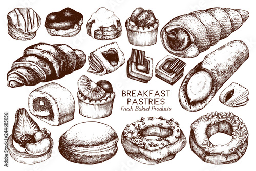 Breakfast Pastries and Brownies collecion. Hand drawn baked products on white background. Vintage food sketches for cafe or bakery menu design.