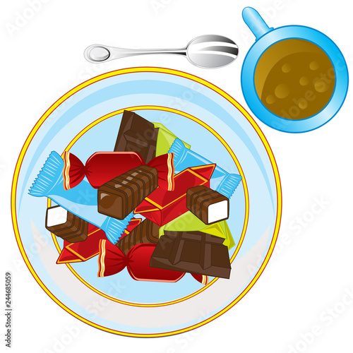 Vector illustration of the sweetmeats on plates and tea