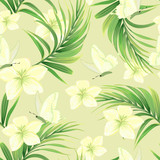 Pattern with palm leaves and exotic flowers