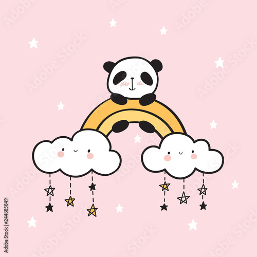 Fototapeta Naklejka Na Ścianę i Meble -  Cute panda on a gold rainbow and happy clouds. Greeting card for birthday, Valentine's Day, Mother's Day. Vector Illustration.