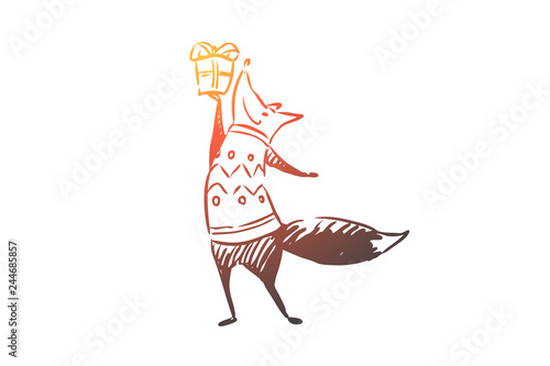 Christmas, fox, gift, greeting, celebration concept. Hand drawn isolated vector.
