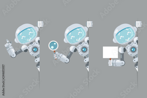 Boy teen robot android look out corner poster in hand pointing on banner hold magnifying glass artificial intelligence futuristic flat design vector illustration