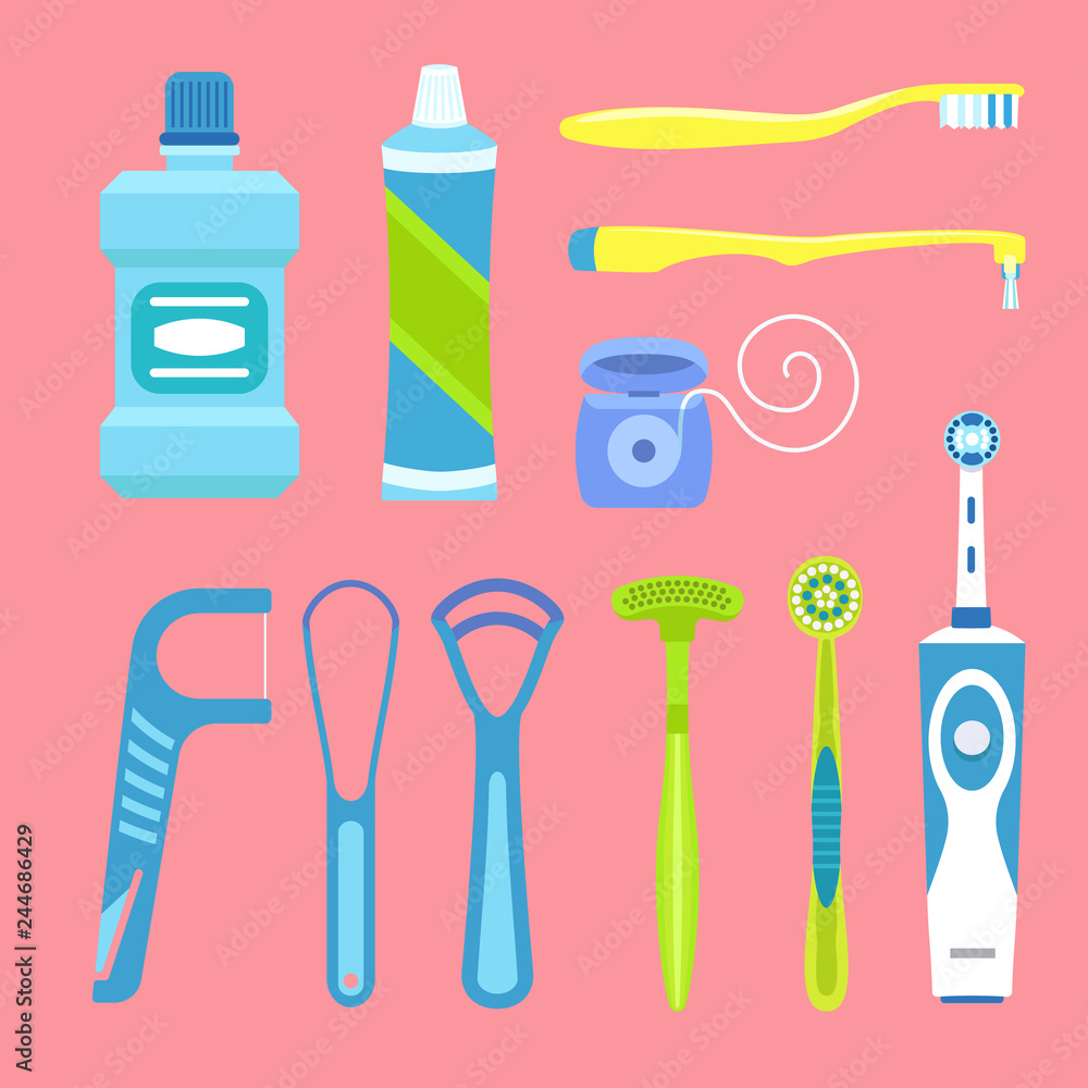 Tooth care tool concept background. Flat illustration of tooth care tool vector concept background for web design Tooth care tool concept background. Flat illustration of tooth care tool vector concept background for web design