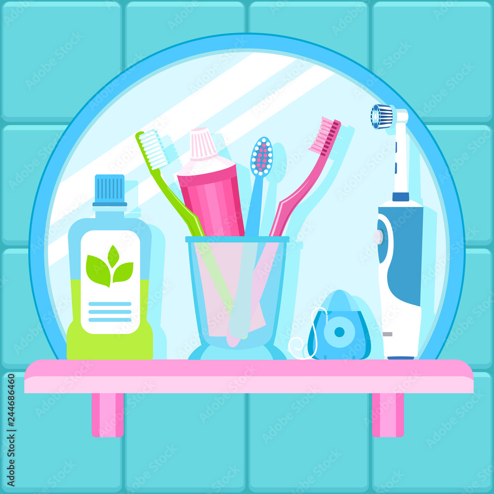 Bathroom tooth care tool concept background. Flat illustration of bathroom tooth care tool vector concept background for web design Bathroom tooth care tool concept background. Flat illustration of bathroom tooth care tool vector concept background for web design