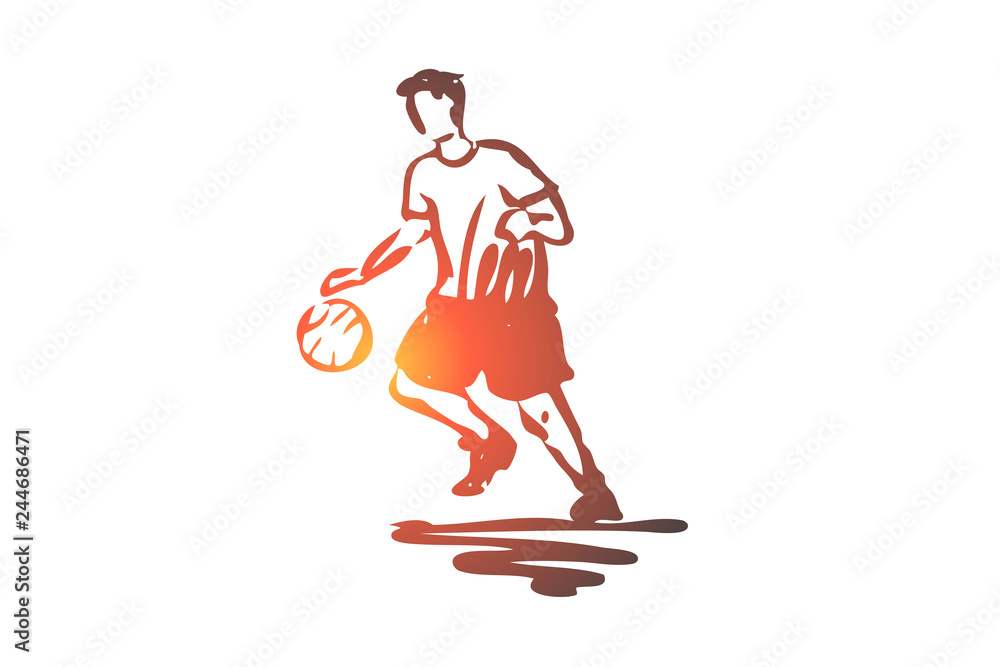 Boy, sport, basketball, ball, sport concept. Hand drawn isolated vector.