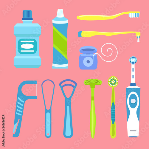 Tooth care tool concept background. Flat illustration of tooth care tool vector concept background for web design