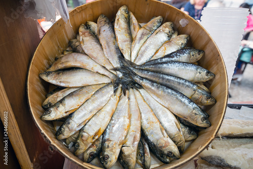 Salted herring fish at street market, Mallorca island, Spain