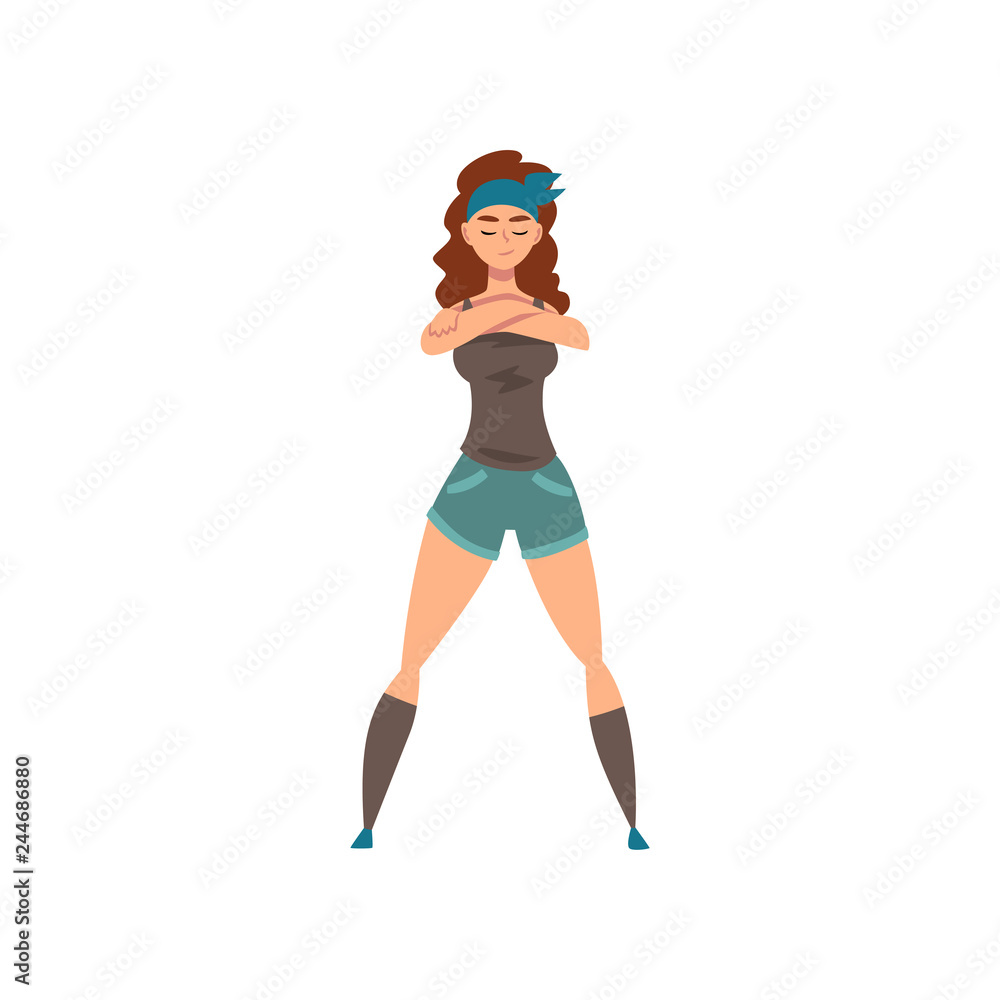 Beautiful sexy girl standing with folded hands, woman fighting for rights, feminism concept vector Illustration