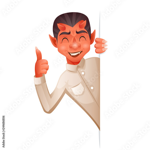 Devil help support looking out corner idea cartoon daemon businessman character solution retro vintage design isolated vector illustration