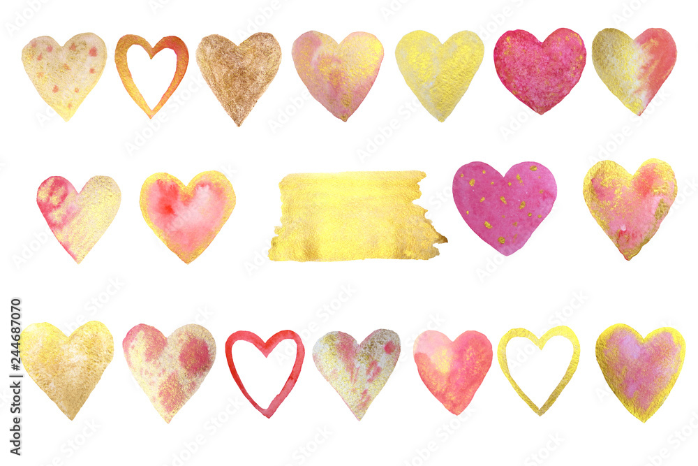Gold and pink hearts for Valentine's Day! Hearts are drawn with watercolor by hand.