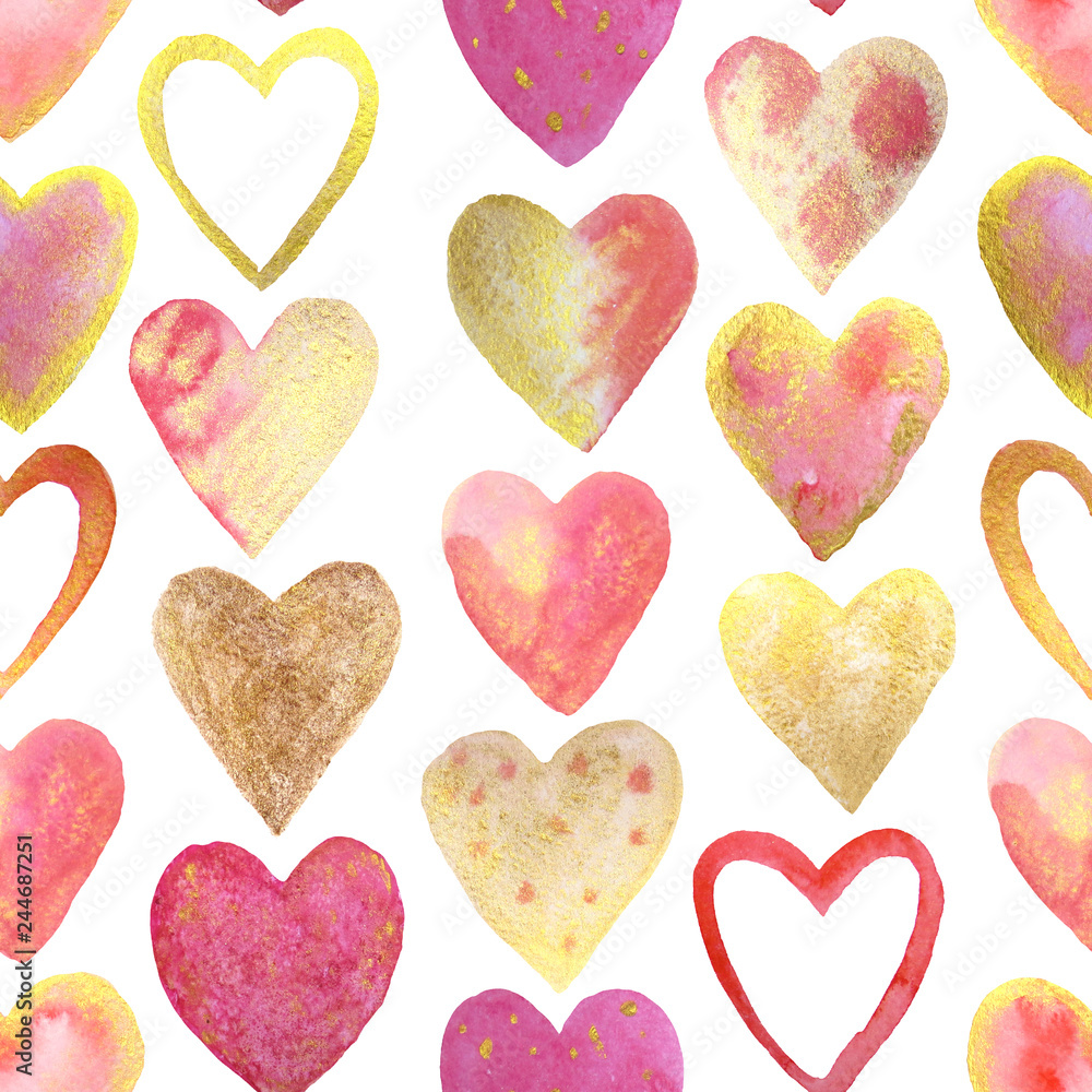 Gold and pink hearts for Valentine's Day! Hearts are drawn with watercolor by hand. Seamless pattern.
